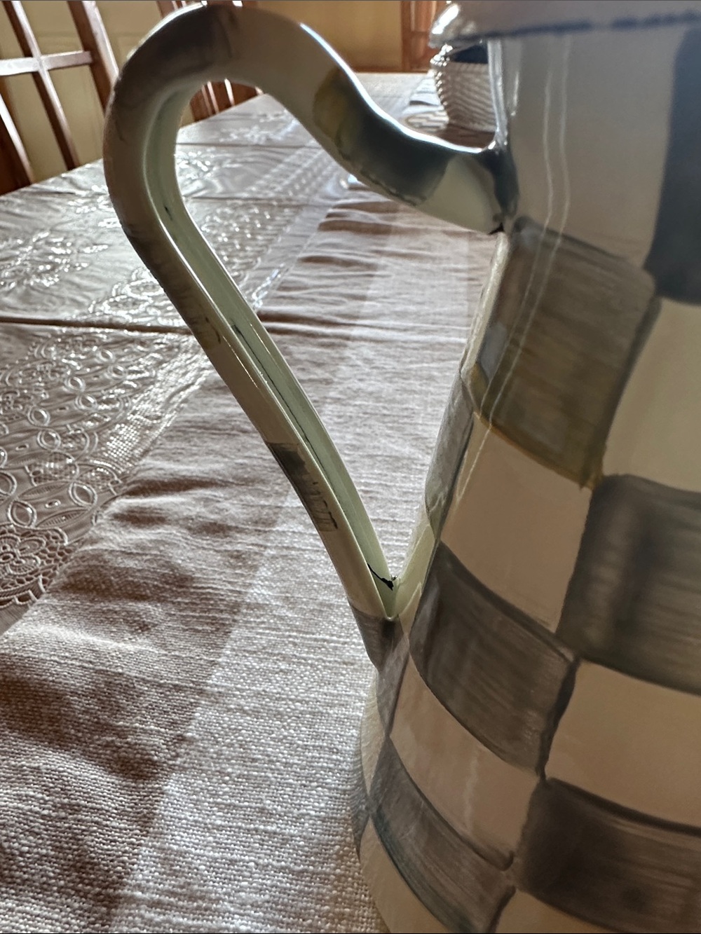 MacKenzie-Childs Checked Enamel Pitcher in Cream and Gray Sterling pattern NWT - Picture 11 of 12